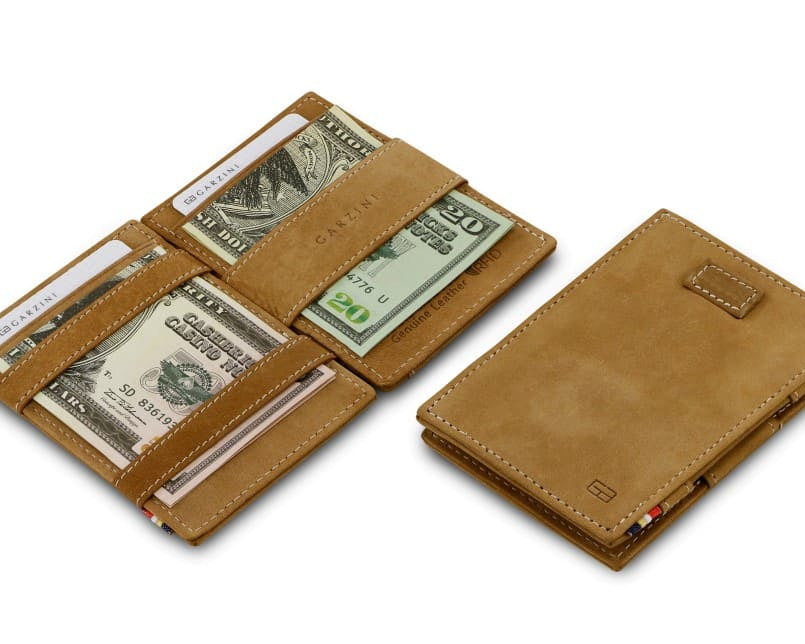 Front and open view of Cavare Magic Walletin camel brown with pull tab, and money straps.