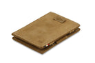 Front view of Cavare Magic Wallet Vintage in camel brown with pull tab.