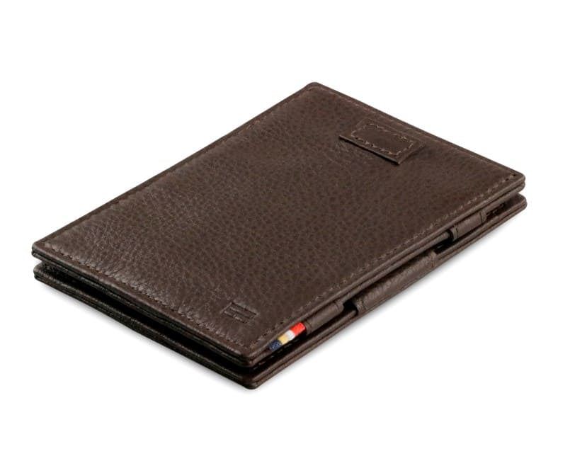 Front view of Cavare Magic Wallet Card Sleeve Nappa in Chocolate Brown with pull tab.