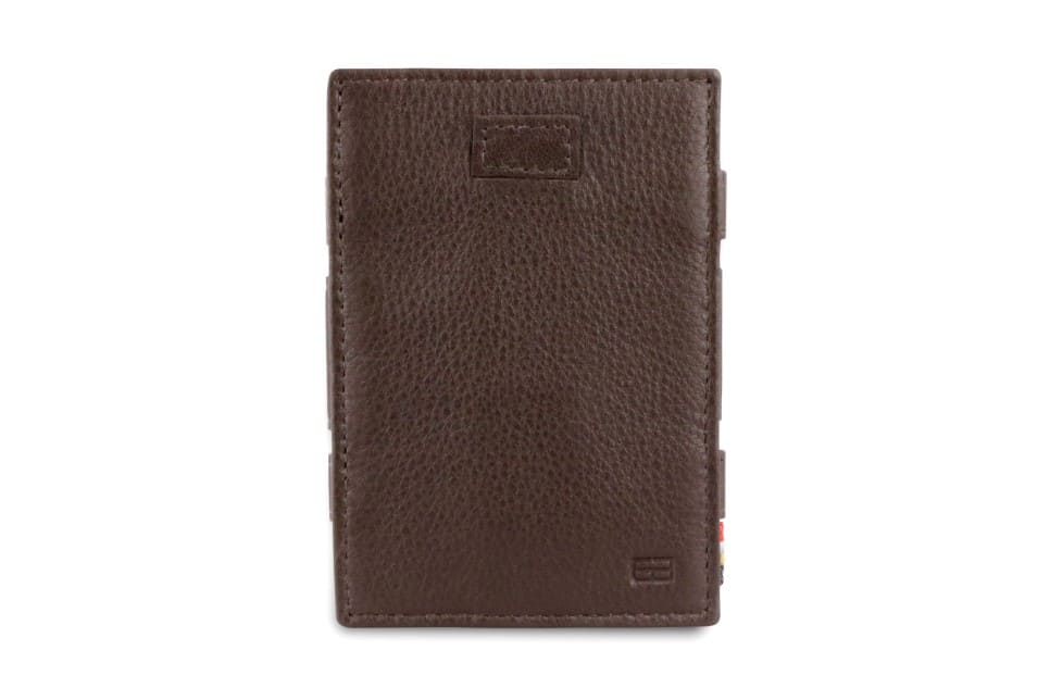 Front view of Cavare Magic Wallet Card Sleeve Nappa  in Chocolate Brown with pull tab.