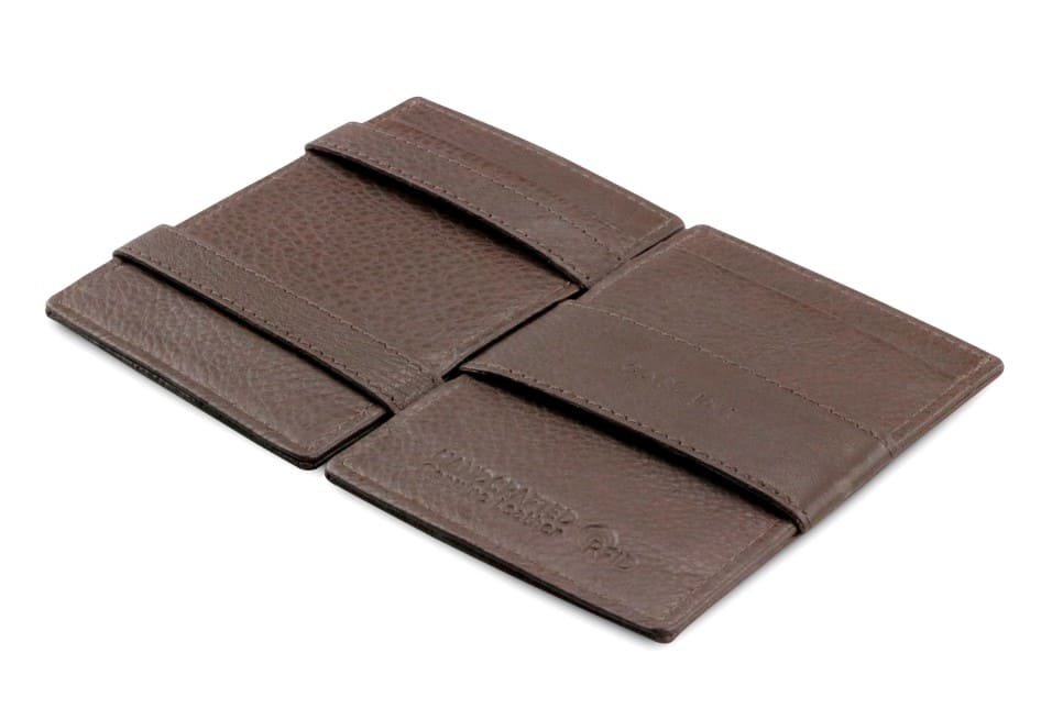 Open Cavare Magic Wallet Card Sleeve Nappa  in Chocolate Brown with pull tab, and money straps.