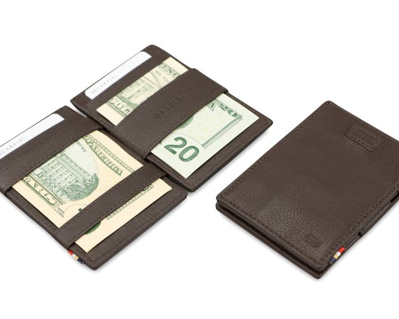 Front and open view of Cavare Magic Wallet Card Sleeve Nappa in Chocolate Brown with pull tab, and money straps.