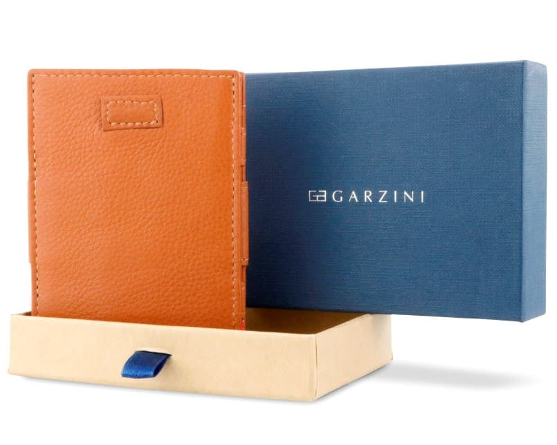 Half-open blue box with Garzini brand name Inside the box, the Garzini wallet is wrapped in tissue paper, placed in a light cardboard box with a blue strap.