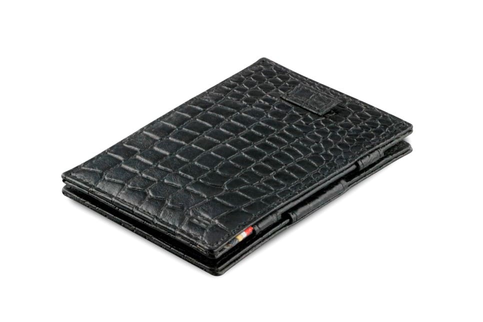 Front view of Cavare Magic Wallet Card Sleeve  in Croco Black with pull tab.