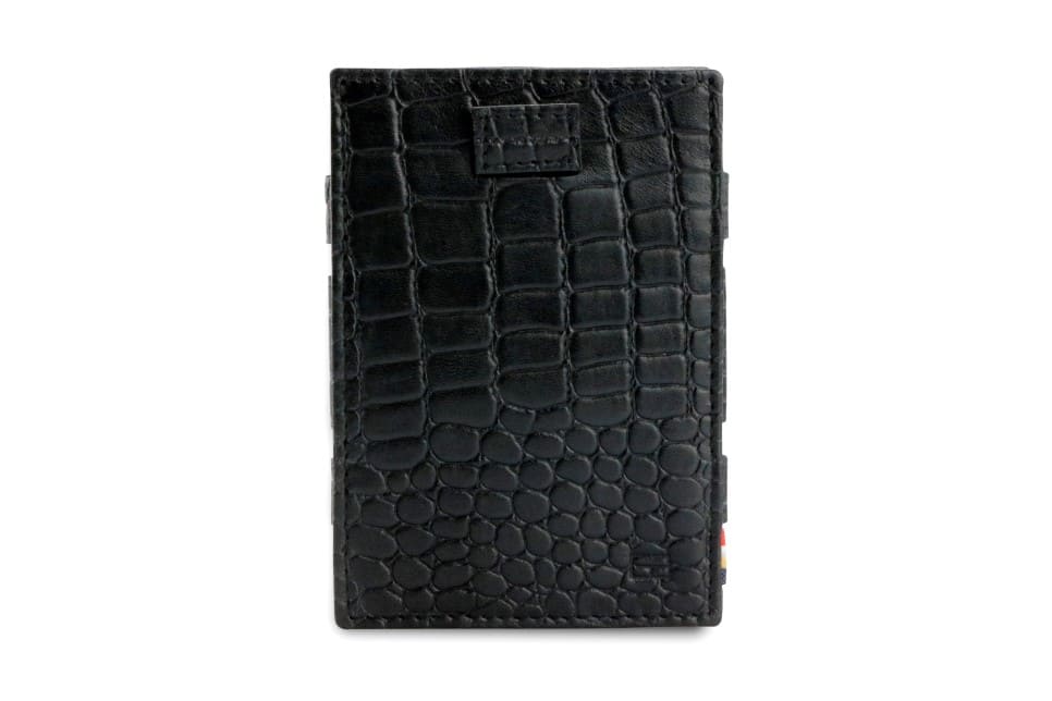 Front view of Cavare Magic Wallet Card Sleeve  in Croco Black with pull tab.