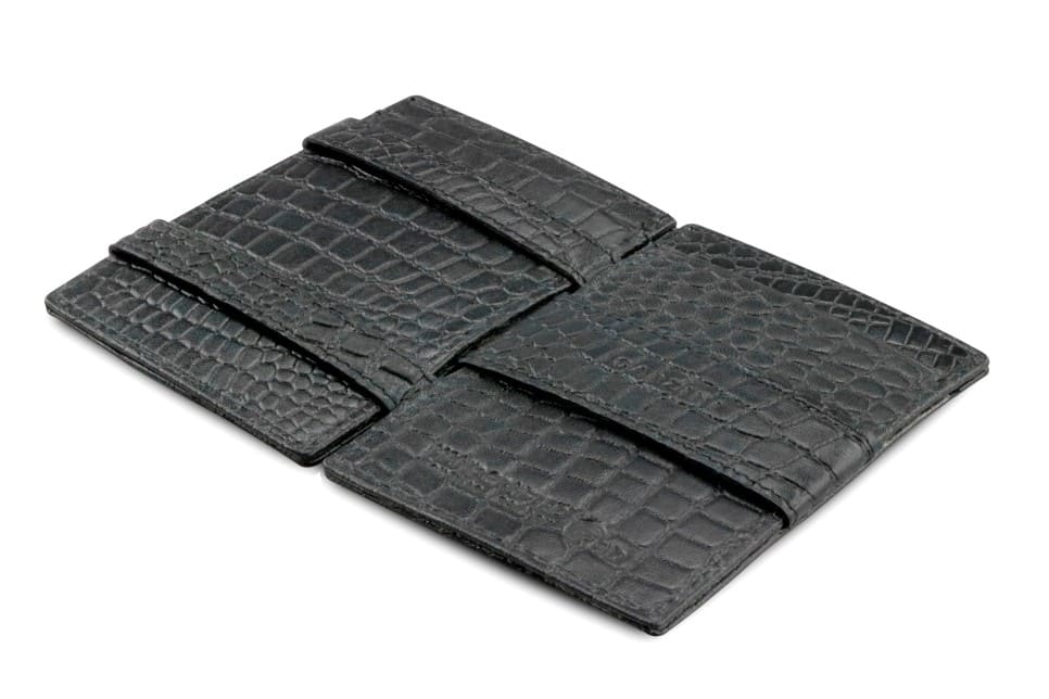 Open Cavare Magic Wallet Card Sleeve  in Croco Black with pull tab, and money straps.