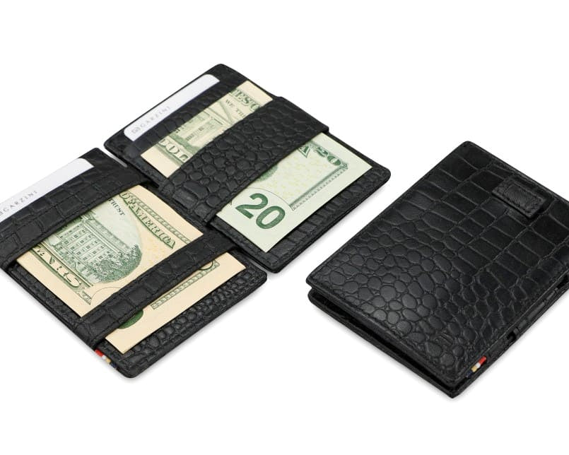 Front and open view of Cavare Magic Wallet Card Sleeve in Croco Black with pull tab, and money straps.