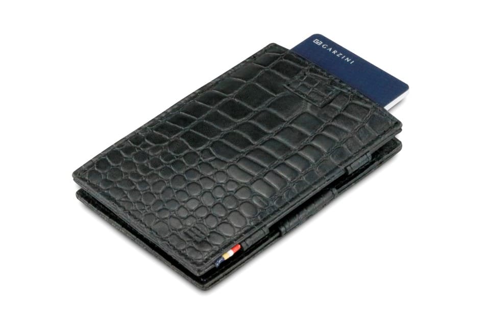 Front view of Cavare Magic Wallet Card Sleeve in Croco Black with pull tab and card pulling out.