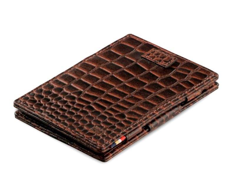 Front view of Cavare Magic Wallet Card Sleeve  in Croco Brown with pull tab.