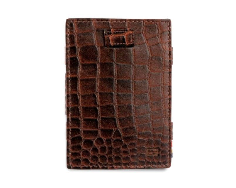Front view of Cavare Magic Wallet Card Sleeve  in Croco Brown with pull tab.