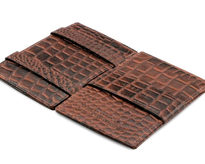 Open Cavare Magic Wallet Card Sleeve  in Croco Brown with pull tab, and money straps.