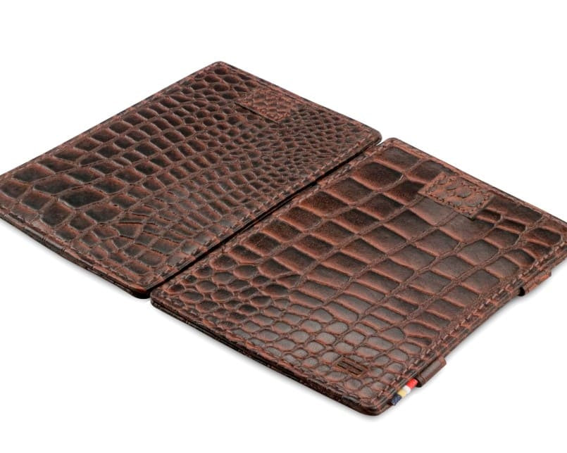 Front and back view of Cavare Magic Wallet Card Sleeve  in Croco Brown.