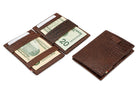 Front and open view of Cavare Magic Wallet Card Sleeve in Croco Brown with pull tab, and money straps.