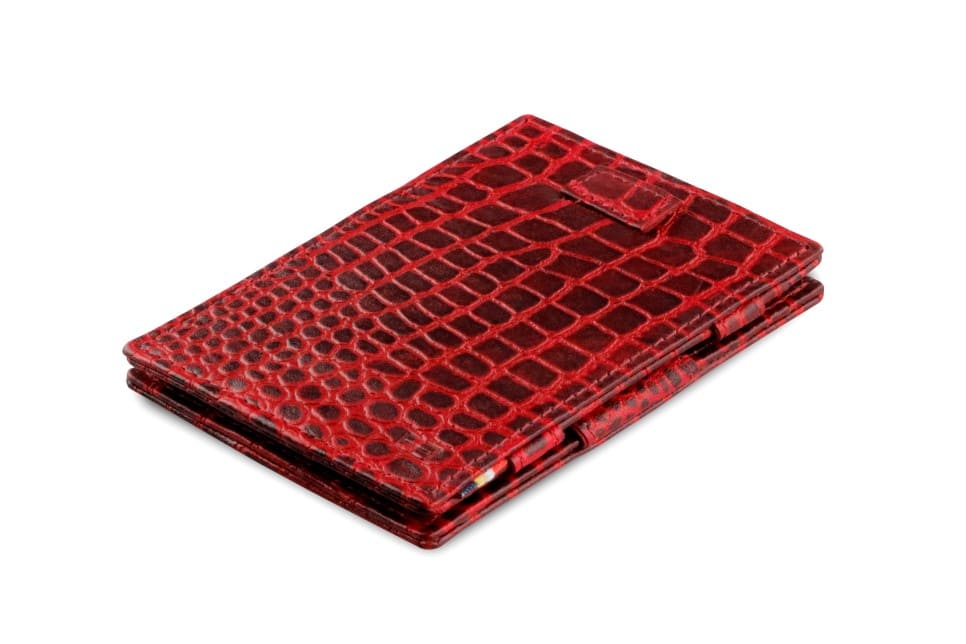 Front view of Cavare Magic Wallet Card Sleeve  in Croco Burgundy with pull tab.