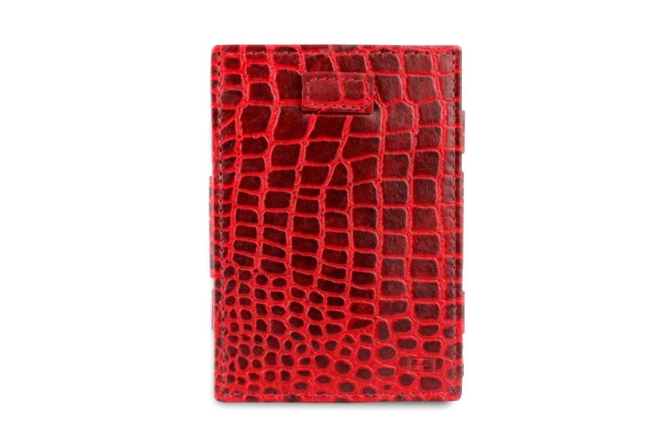Front view of Cavare Magic Wallet Card Sleeve  in Croco Burgundy with pull tab.