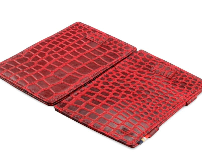 Front and back view of Cavare Magic Wallet Card Sleeve  in Croco Burgundy.Front and open view of Cavare Magic Wallet Card Sleeve in Croco Burgundy with pull tab, and money straps.