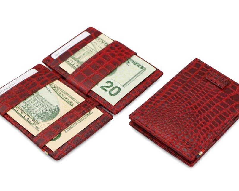 Front and open view of Cavare Magic Wallet Card Sleeve in Croco Burgundy with pull tab, and money straps.