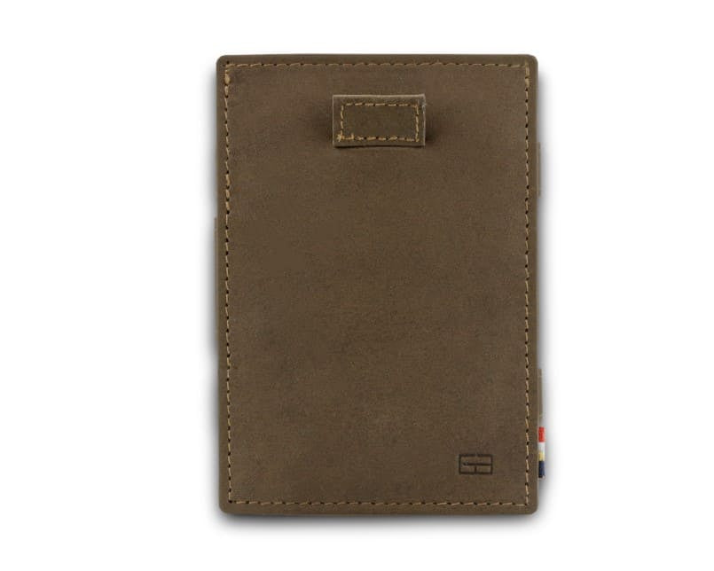 Front view of Cavare Magic Wallet Vintage in Java Brown with pull tab.