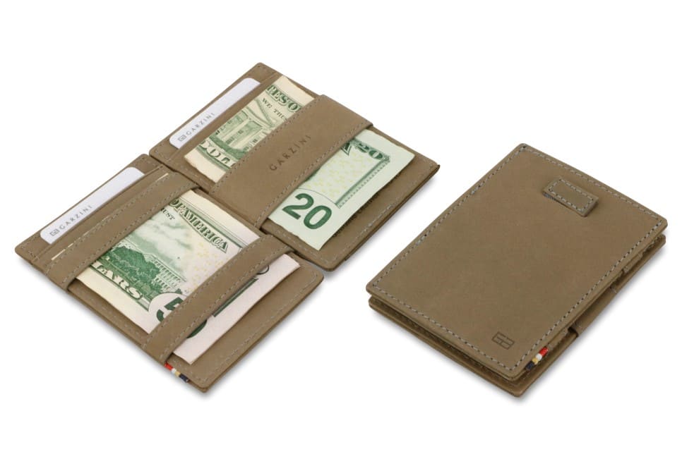 Front and open view of Cavare Magic Wallet in Metal Grey with pull tab, and money straps.