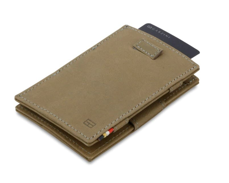 Front view of Cavare Magic Wallet Vintage in Metal Grey with pull tab and card pulling out.