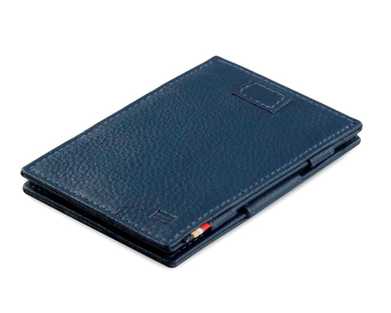 Front view of Cavare Magic Wallet Card Sleeve Nappa  in Navy Blue with pull tab.