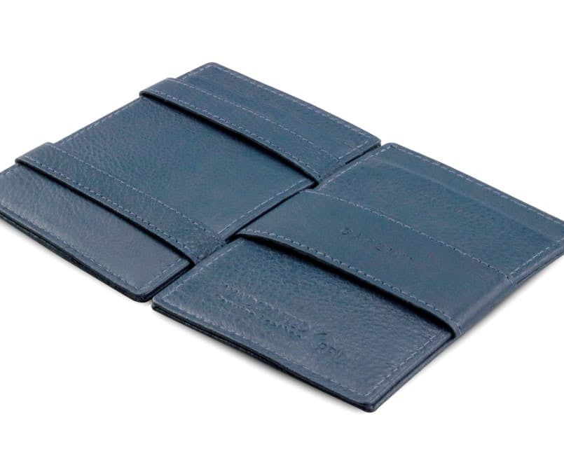 Open Cavare Magic Wallet Card Sleeve Nappa  in Navy Blue with pull tab, and money straps.