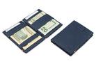 Front and open view of Cavare Magic Wallet Card Sleeve Nappa in Navy Blue with pull tab, and money straps.