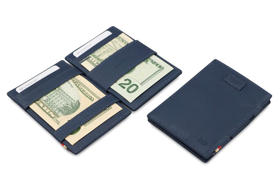 Front and open view of Cavare Magic Wallet Card Sleeve Nappa in Navy Blue with pull tab, and money straps.