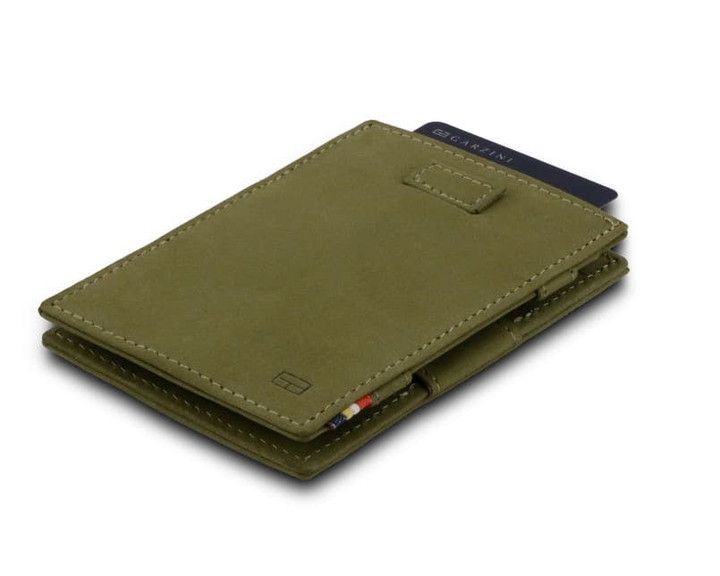 Front view of Cavare Magic Wallet Vintage in Olive Green with pull tab and card pulling out.