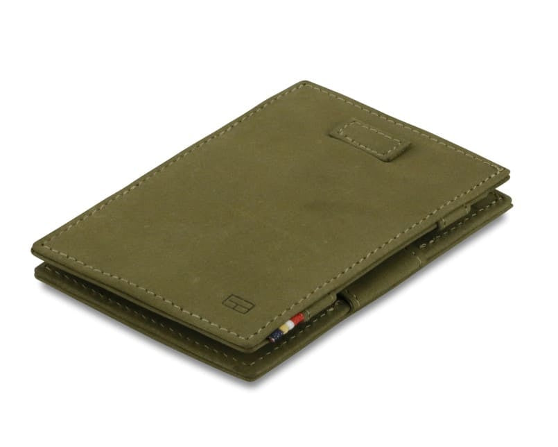 Front view of Cavare Magic Wallet Vintage in Olive Green with pull tab.