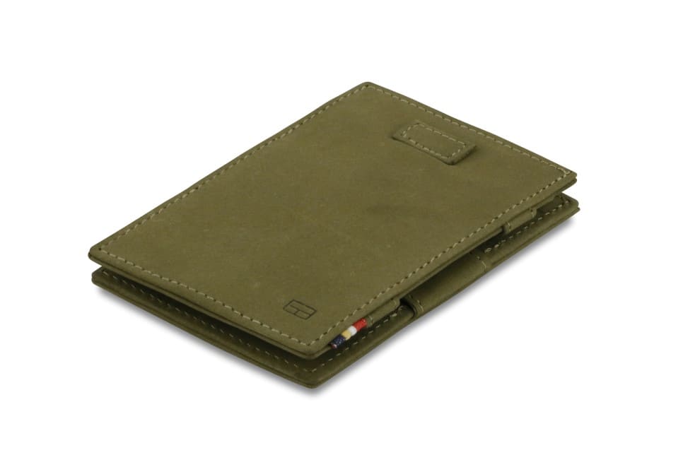 Front view of Cavare Magic Wallet Vintage in Olive Green with pull tab.