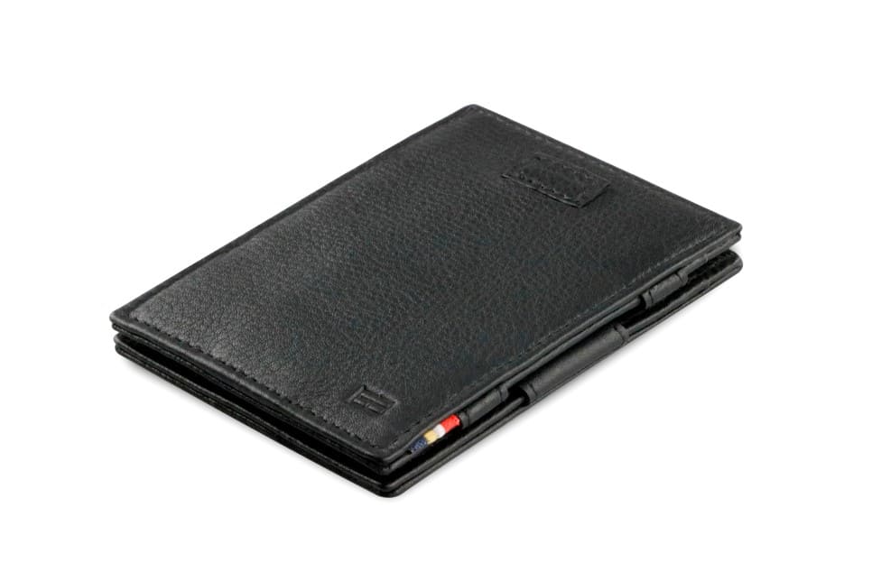 Front view of Cavare Magic Wallet Card Sleeve Nappa  in Raven Black with pull tab.