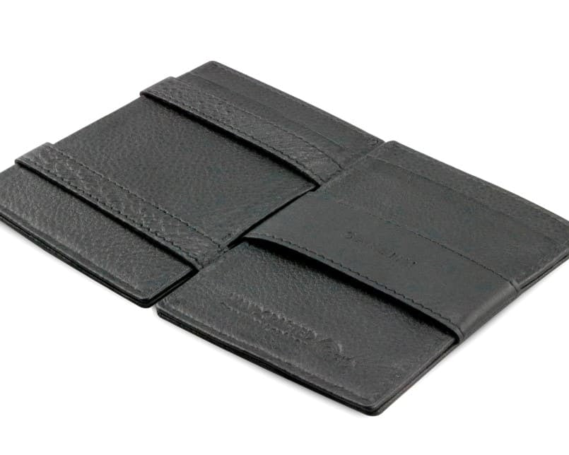 Open Cavare Magic Wallet Card Sleeve Nappa  in Raven Black with pull tab, and money straps.