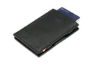 Front view of Cavare Magic Wallet Card Sleeve Nappa in Raven Black with pull tab and card pulling out.