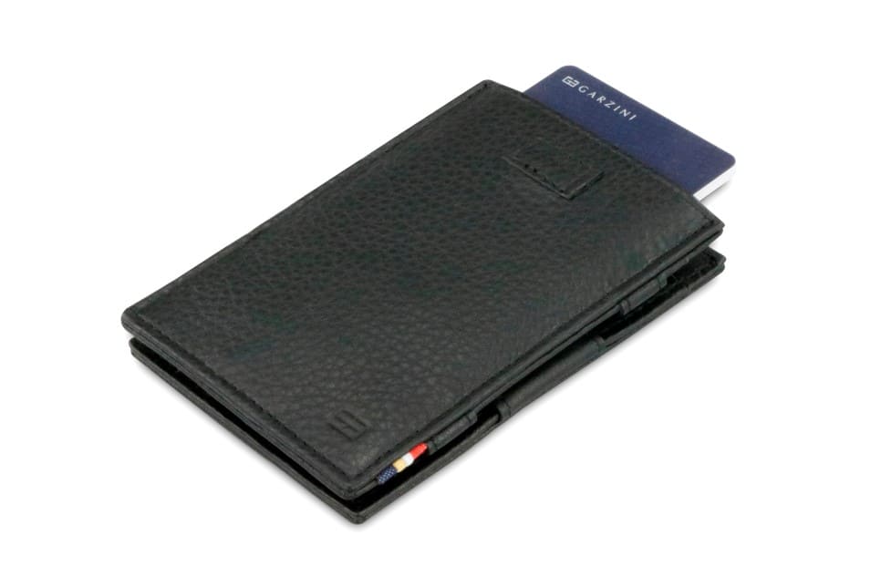 Front view of Cavare Magic Wallet Card Sleeve Nappa in Raven Black with pull tab and card pulling out.