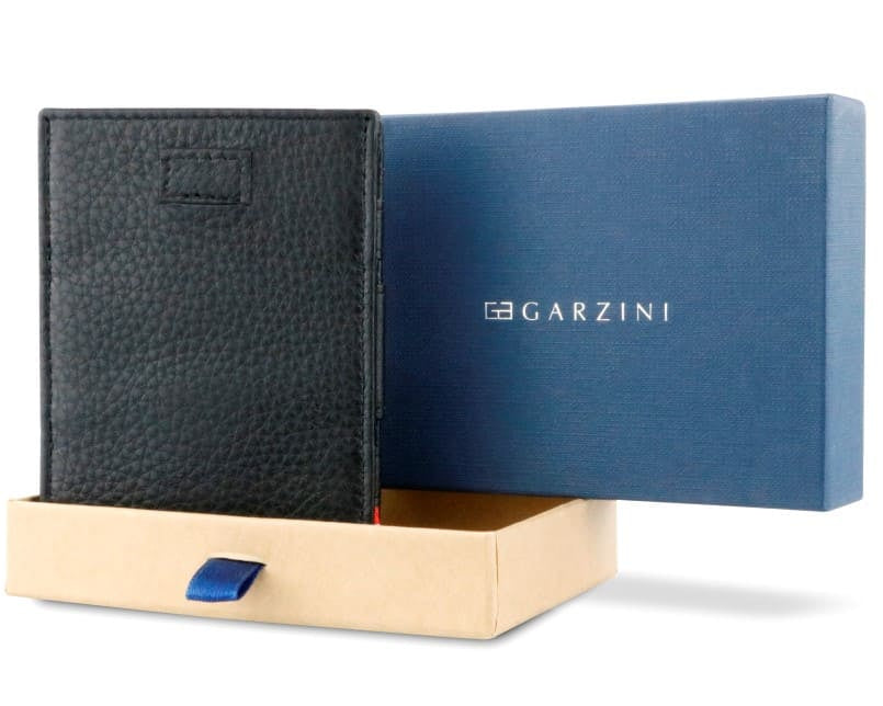 Half-open blue box with Garzini brand name Inside the box, the Garzini wallet is wrapped in tissue paper, placed in a light cardboard box with a blue strap.