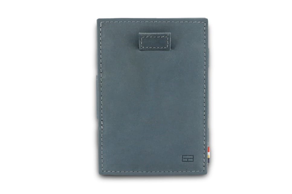 Front view of Cavare Magic Wallet Vintage in Sapphire Blue with pull tab.