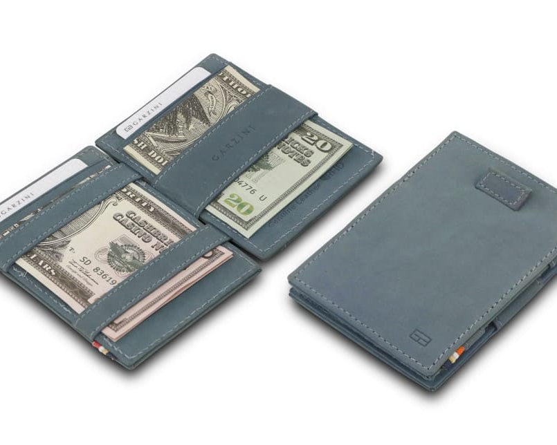 Front and open view of Cavare Magic Wallet in Sapphire Blue with pull tab, and money straps.