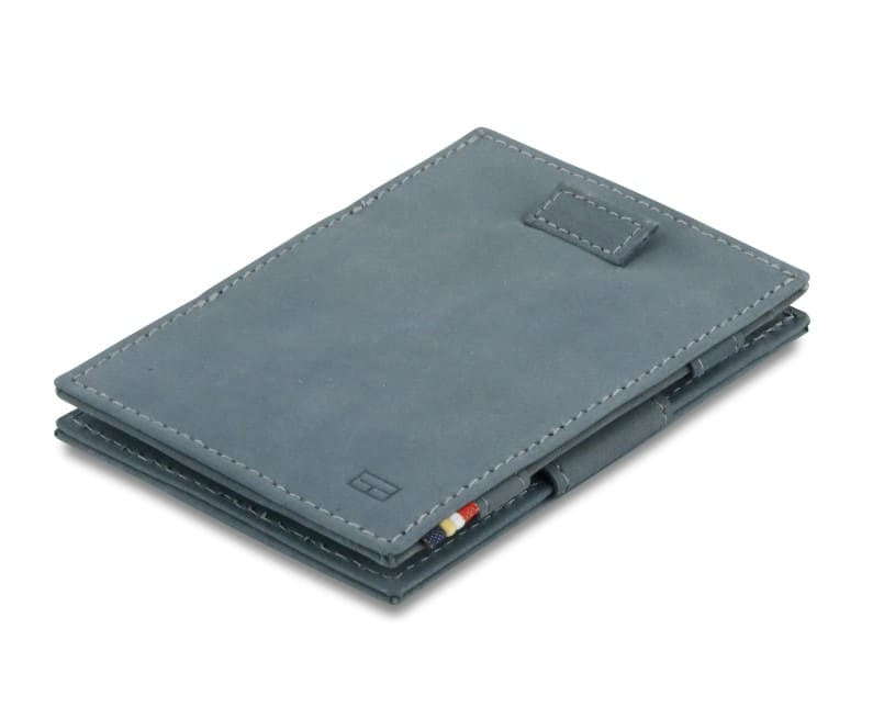 Front view of Cavare Magic Wallet Vintage in Sapphire Blue with pull tab.