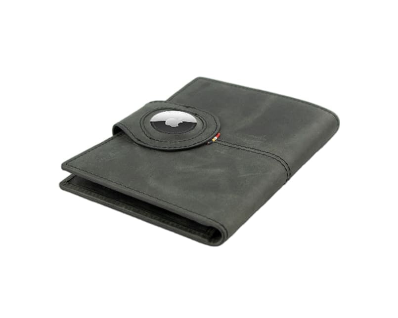 Backview sideways with AirTag of the AirTag Passport Holder in Brushed Brushed Black.