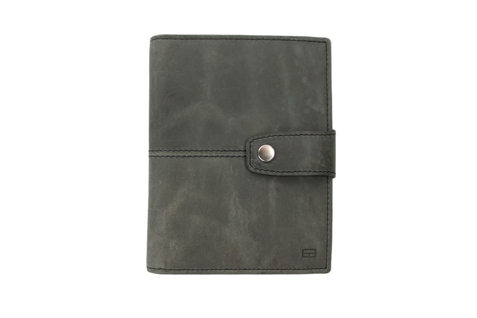 Frontview of the AirTag Passport Holder in Brushed Brushed Black.