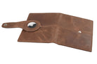 Open outside view with AirTag of the AirTag Passport Holder in Brushed Brushed Brown.