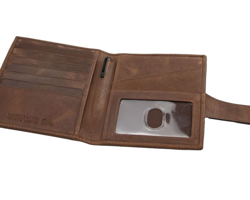 Open inside view with AirTag of the AirTag Passport Holder in Brushed Brushed Brown