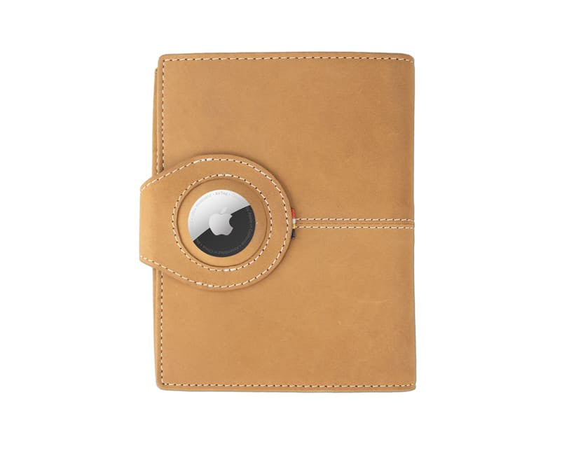 Backview with the AirTag of the AirTag Passport Holder in Vintage Camel Brown.