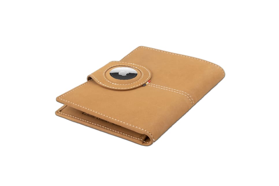 Backview sideways with AirTag of the AirTag Passport Holder in Vintage Camel Brown.