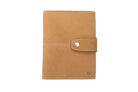 Frontview of the AirTag Passport Holder in Vintage Camel Brown.