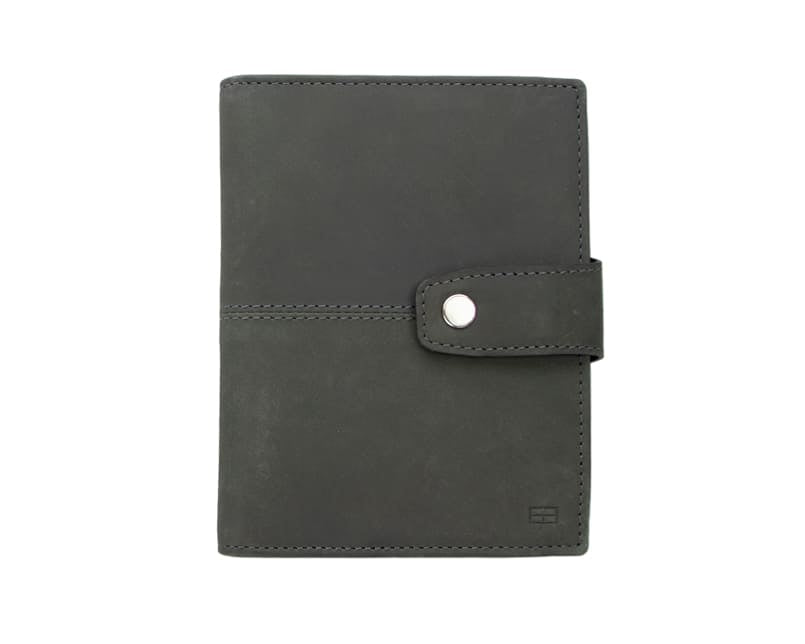 Frontview of the AirTag Passport Holder in Vintage Carbon Black.