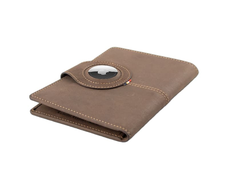 Backview sideways with AirTag of the AirTag Passport Holder in Vintage Java Brown.