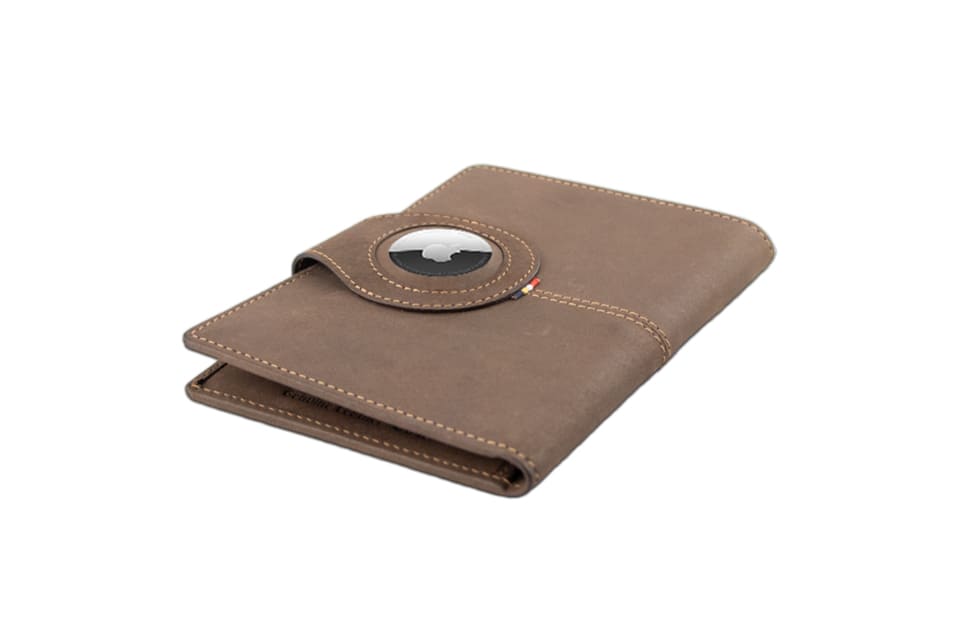Backview sideways with AirTag of the AirTag Passport Holder in Vintage Java Brown.