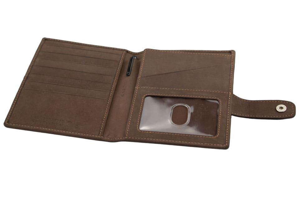 Open inside view with AirTag of the AirTag Passport Holder in Vintage Java Brown